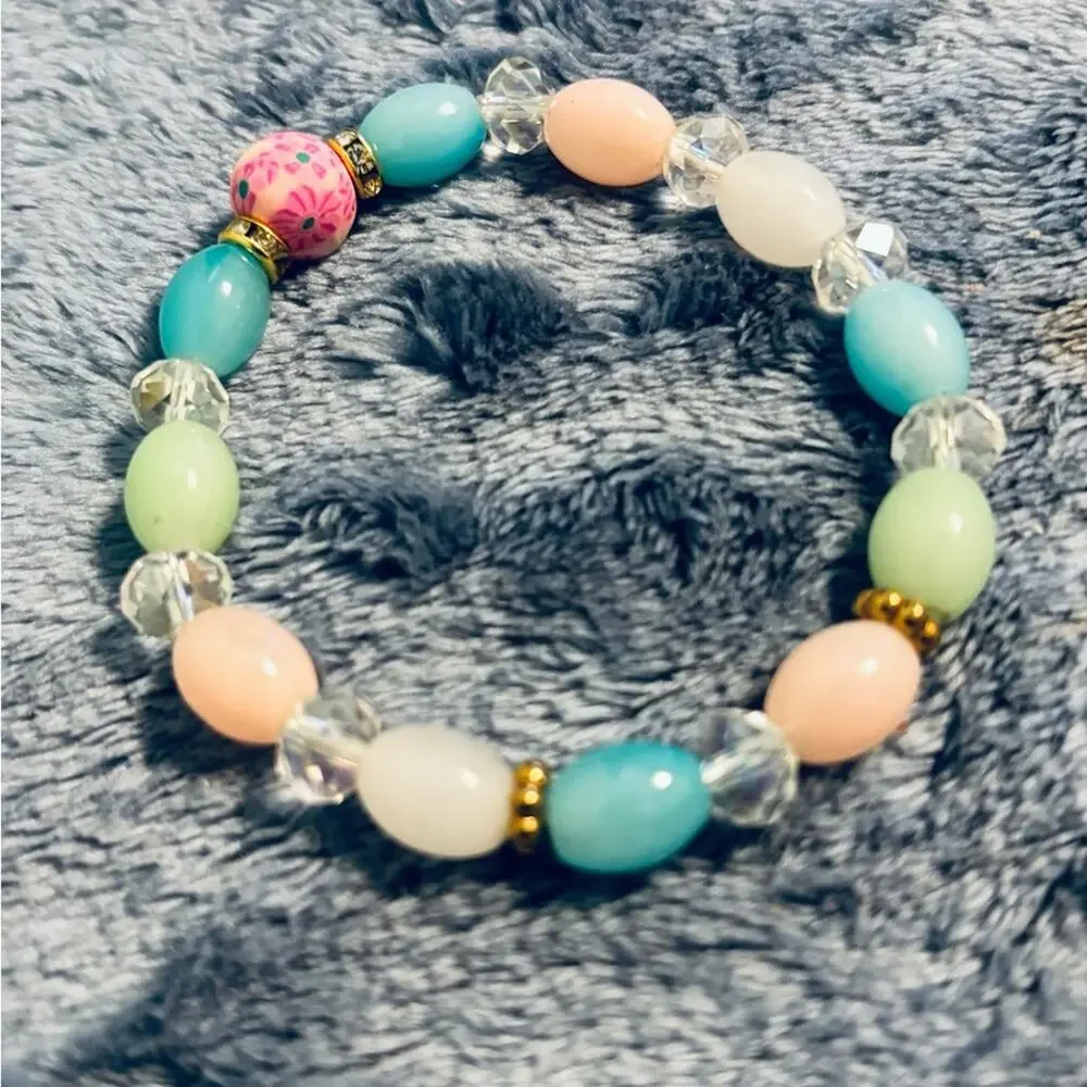 Kids Pastel Beaded Stretch Bracelet Floral Accent Rhinestone Gold Tone‎